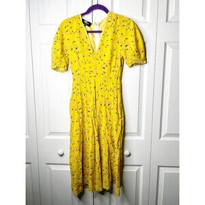 Rochas Yellow Floral Short Sleeve V-Neck Silk Midi Dress Women's Size IT 38